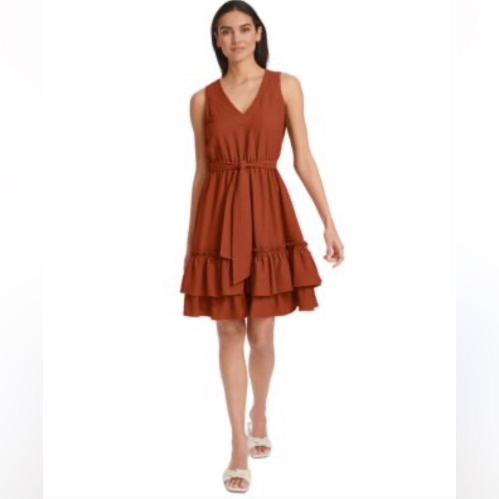 Calvin Klein NWT Ruffle Bow Sleeveless Rayon Burnt Orange Dress Size 8